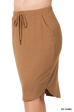Plus Dark Camel Tulip Hem Drawstring Skirt