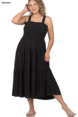 Plus Black Smocked Tiered Midi Dress