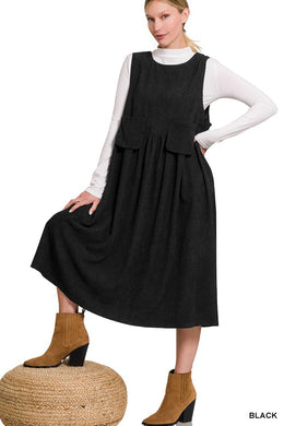 Black Corduroy Sleeveless Midi Dress