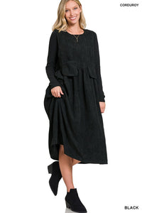 Black Corduroy Sleeveless Midi Dress