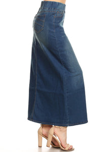 Long Vintage Wash Stretch Band Denim Skirt