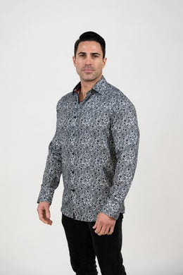 White with Dense Black Paisley Dress Shirt