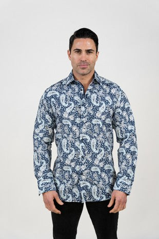 Navy White Floral Paisley Dress Shirt