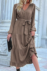 Brown V-Neck Tiered Dress