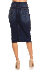 Unhemmed Dark Indigo Stretch Band Denim Skirt