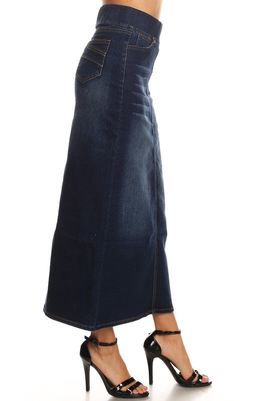 Long Dark Indigo Stretch Band Denim Skirt