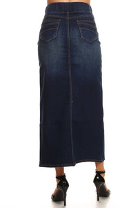 Long Dark Indigo Stretch Band Denim Skirt