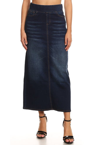 Long Dark Indigo Stretch Band Denim Skirt