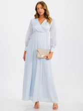 Load image into Gallery viewer, Long Sleeve Blue Surplice Self Tie Shimmer Maxi Dress