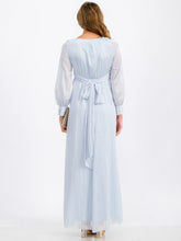 Load image into Gallery viewer, Long Sleeve Blue Surplice Self Tie Shimmer Maxi Dress