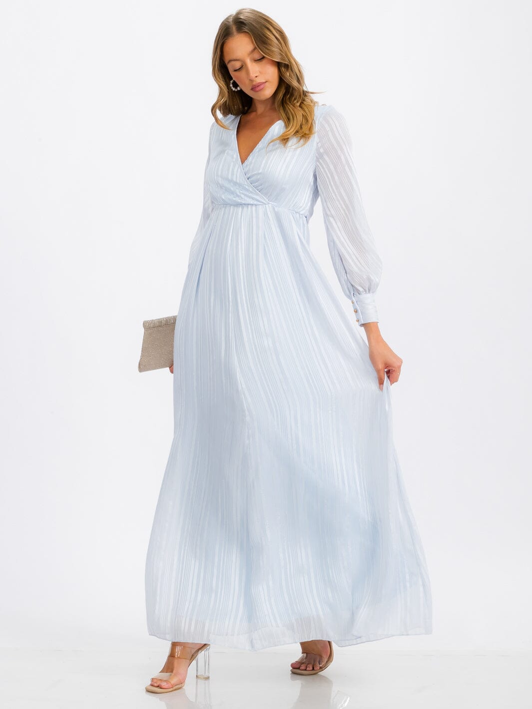 Long Sleeve Blue Surplice Self Tie Shimmer Maxi Dress