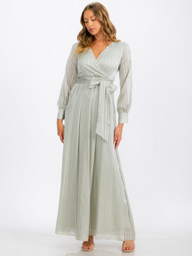 Long Sleeve Sage Surplice Self Tie Shimmer Maxi Dress