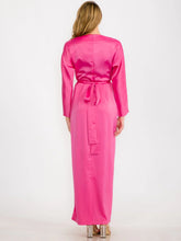 Load image into Gallery viewer, PINK LONG SLEEVE SELF TIE SATIN MAXI DRESS