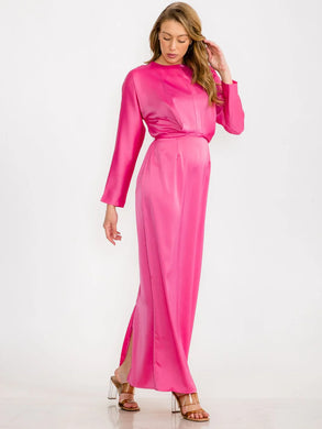 PINK LONG SLEEVE SELF TIE SATIN MAXI DRESS
