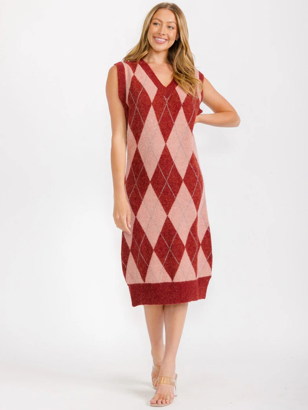 SLEEVELESS V-NECK PRINTED COLORBLOCK MIDI DRESS