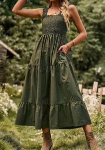 Army Green Square Neck Flowy Maxi Dress