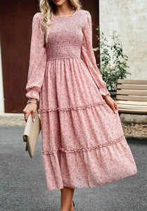 Dusty Rose Floral Print Tiered Dress