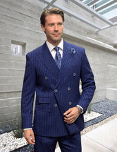 Load image into Gallery viewer, Navy Double Breasted Pinstripe Wool Suit