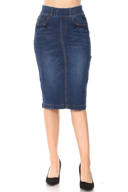 Indigo Wash Stretch Band Belt Loop Denim Skirt