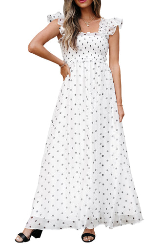 White Polka Dot Flutter Sleeve Smocked Maxi Dress