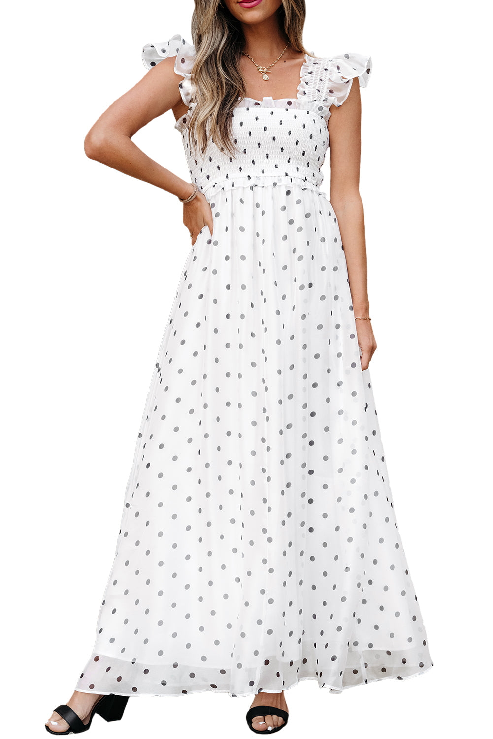White Polka Dot Flutter Sleeve Smocked Maxi Dress