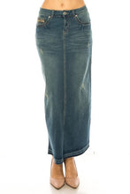 Load image into Gallery viewer, Long Indigo Wash Distressed Unhemmed Denim Skirt