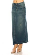 Load image into Gallery viewer, Long Indigo Wash Distressed Unhemmed Denim Skirt