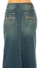 Load image into Gallery viewer, Long Indigo Wash Distressed Unhemmed Denim Skirt