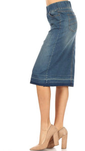 Unhemmed Vintage Wash Stretch Band Denim Skirt