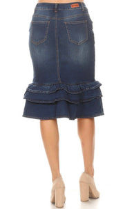 Ruffled Plain Indigo Denim Skirt