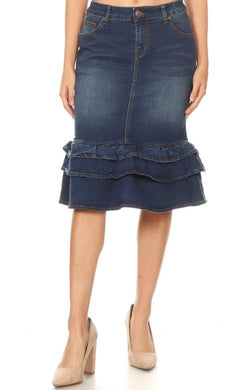 Ruffled Plain Indigo Denim Skirt