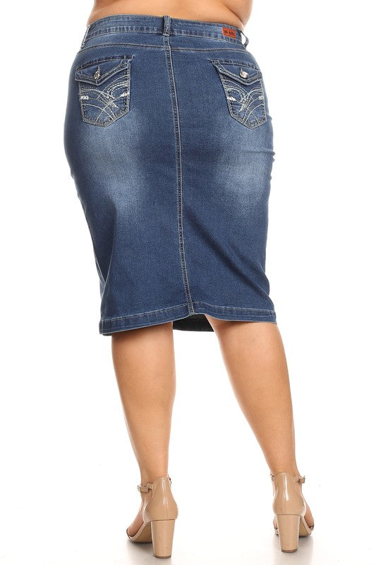Silver Embroidered Pockets Indigo Wash Denim Skirt