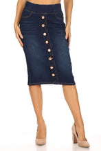 Load image into Gallery viewer, Button-Down Dark Indigo Wash Stretch Band Denim Skirt