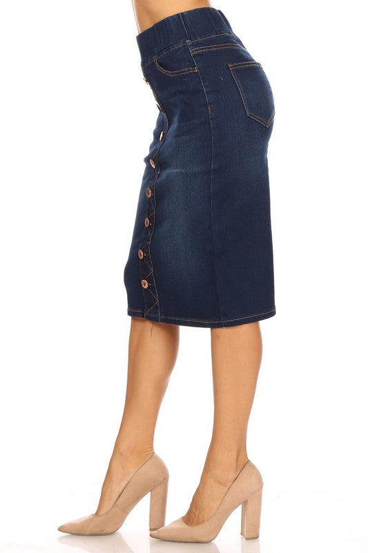 Button-Down Dark Indigo Wash Stretch Band Denim Skirt