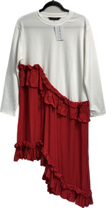 White & Red High-Low Ruffle Blouse